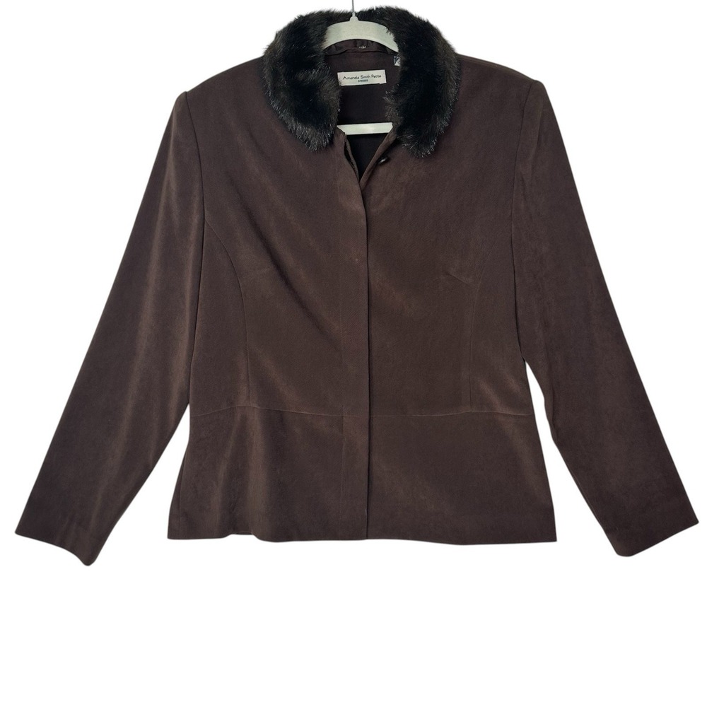 Amanda Smith Faux Suede Jacket 12P Brown Faux Fur Collar Mob‎ Wife Vintage 70s